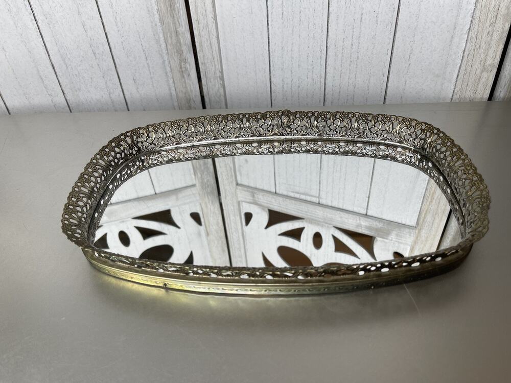 Vintage MCM Ladies Vanity Table Top Mirror Hollywood Glam Gold Tone